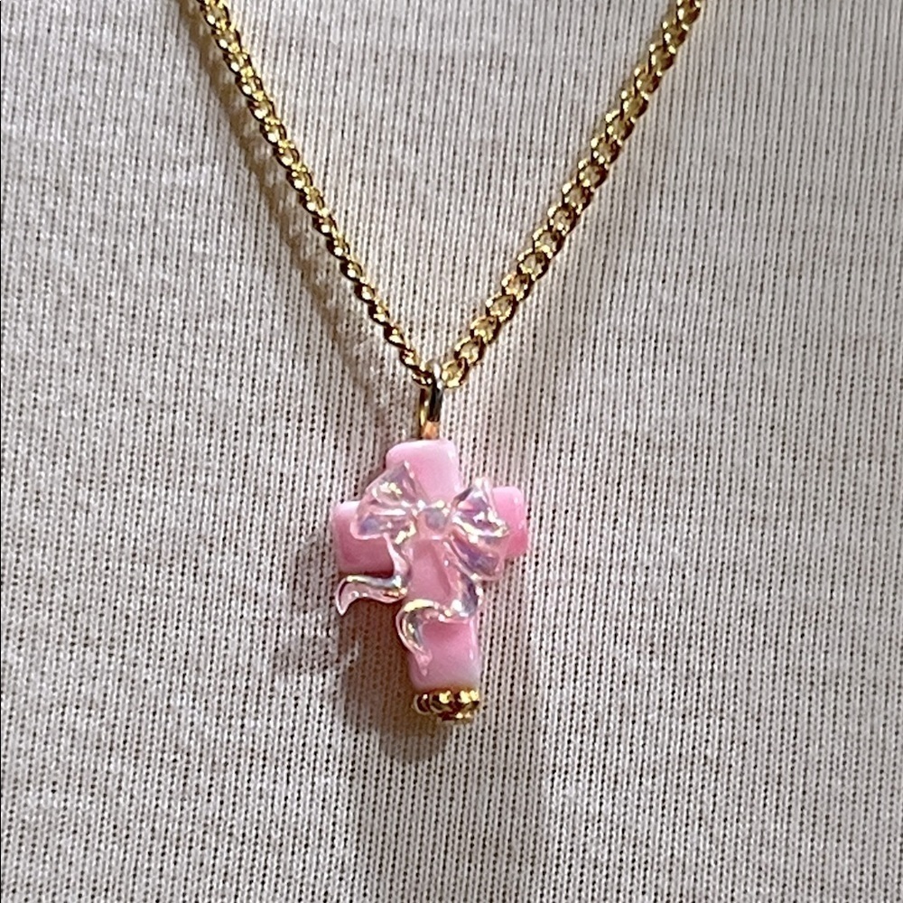 Lightweight Pink Cross with Bow Pendant Necklace